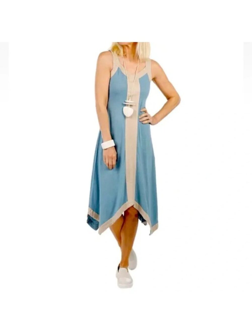 NEW MarlaWynne Blue Beige Linen Blend Sleeveless Handkercheif Dress Size XS